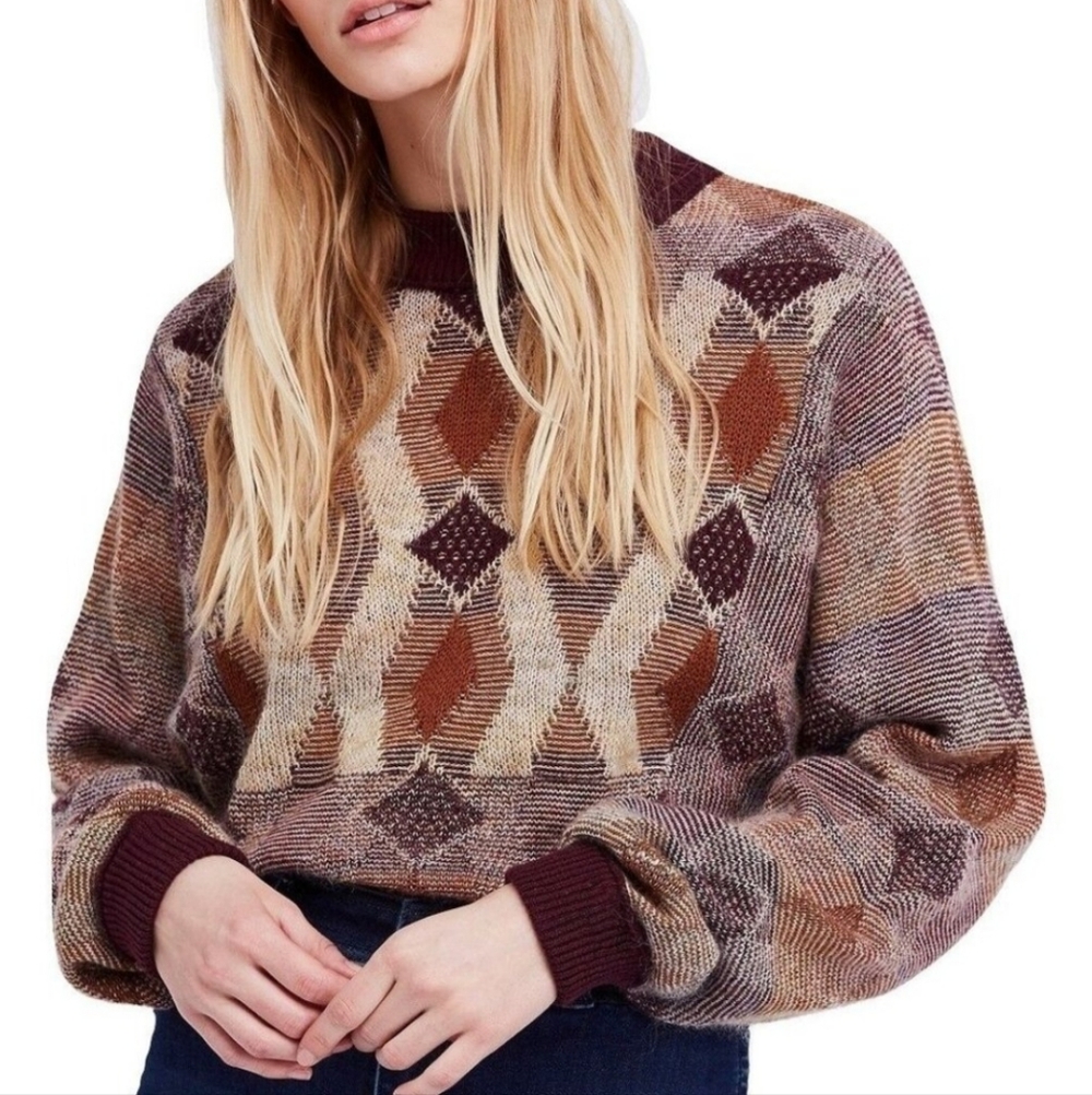 Free People Diamond Days Rainbow Sweater Purple Rust Boho Cotton Wool Mohair Med